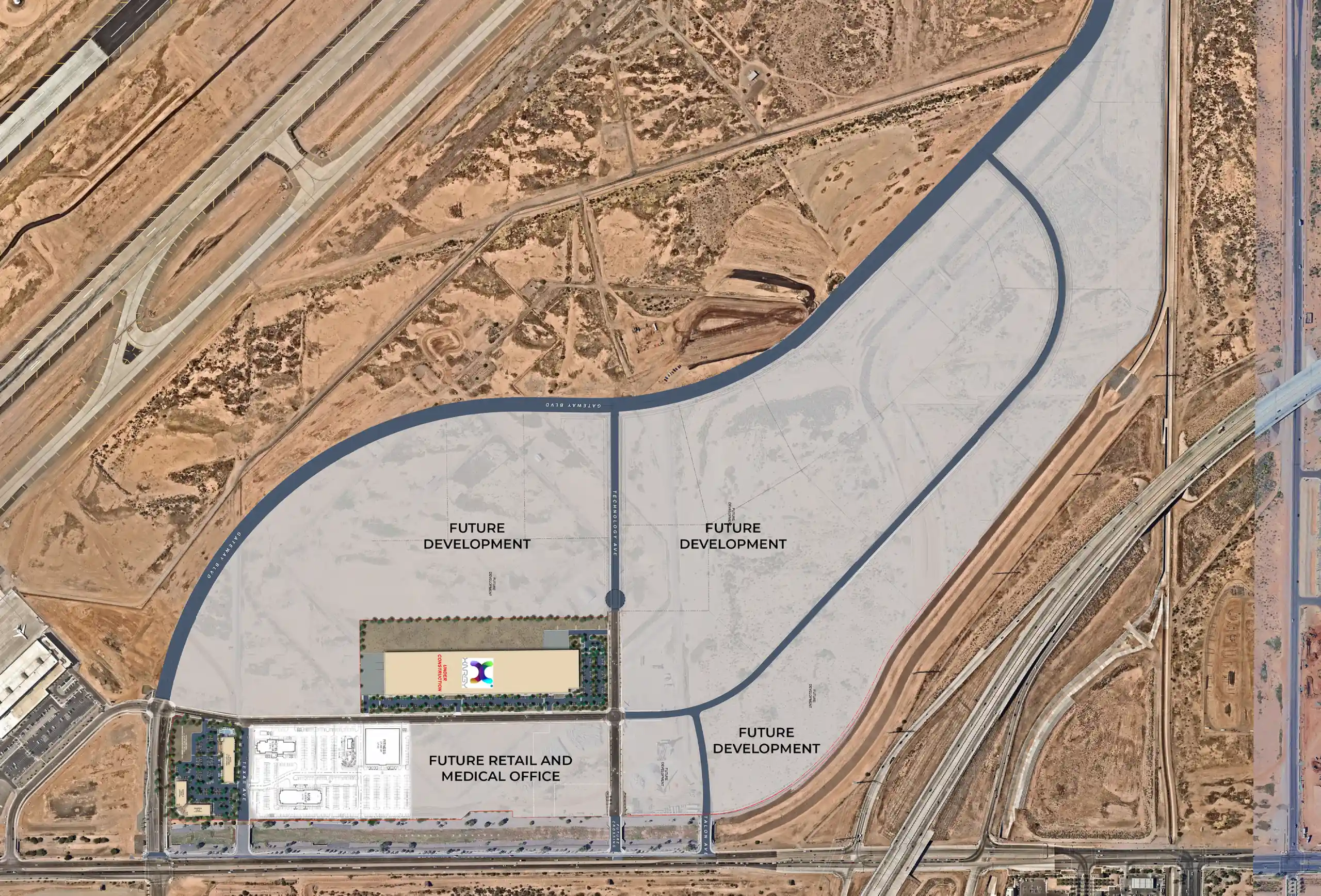 Aerial view of a development plan showing an XMRGY building under construction, future retail and medical office areas, and planned roads like Gateway Blvd, set against a desert landscape.