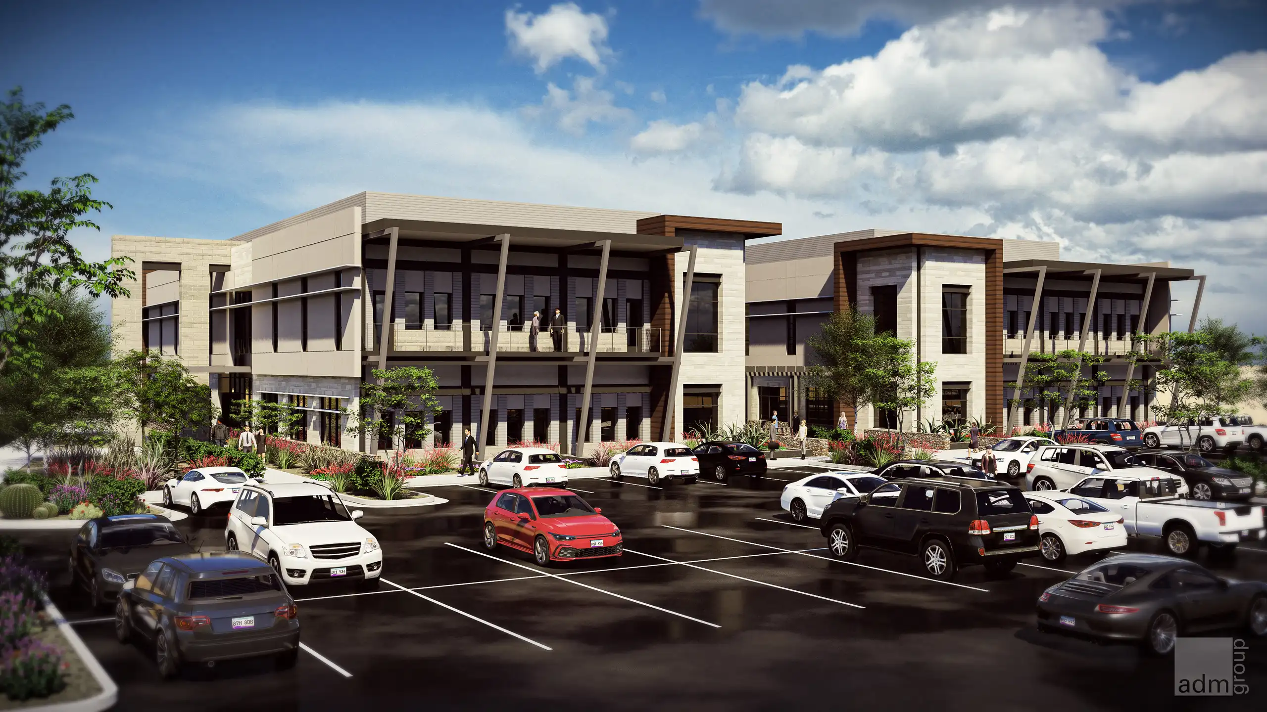 Architectural rendering of a modern, multi-story office building with a large parking lot full of cars and lush landscaping.