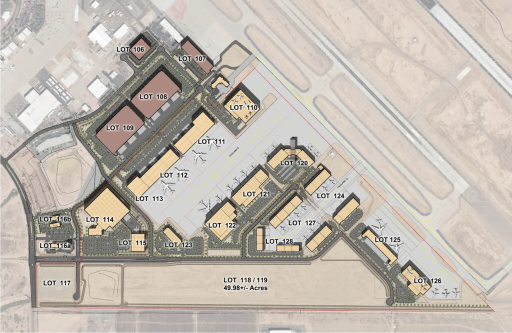 Aerial plan of an airport development with numbered lots, buildings, runways, and roads.