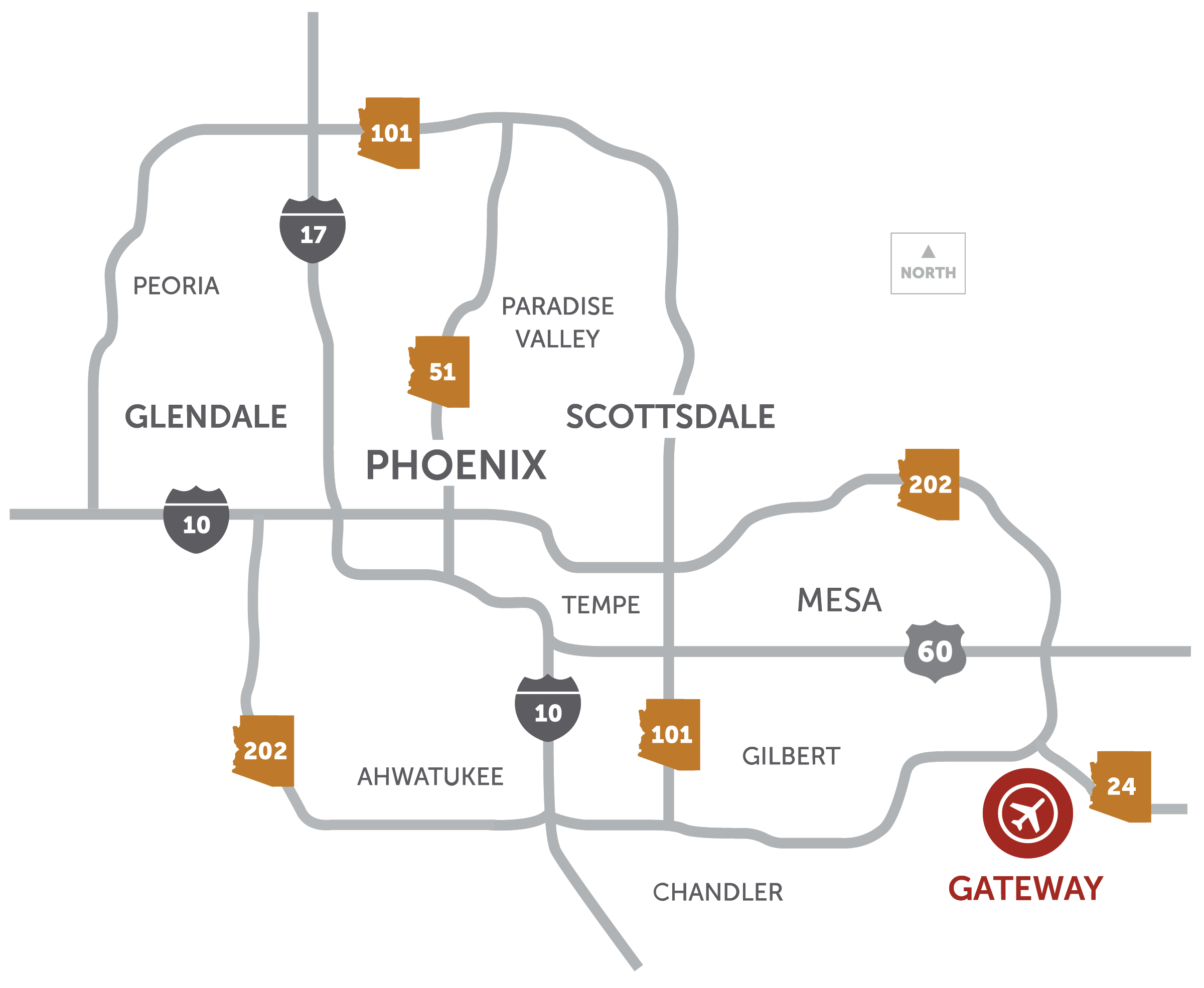 Map of the Phoenix metro area showing Gateway Airport in the southeast, near Mesa and Gilbert